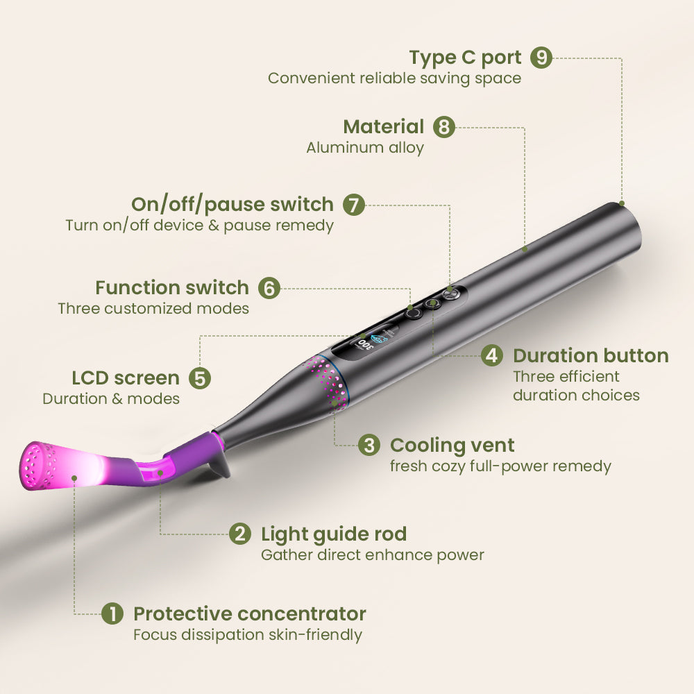 Relieve pain and inflammation with this targeted LED Light Therapy Wand. Promotes wound healing and a calming effect.