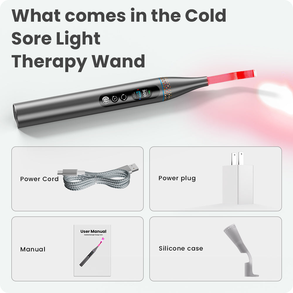 Cold Sore Light Therapy Wand unboxing: Includes red light therapy wand, charging cable, adapter, instruction manual, and protective silicone cover.