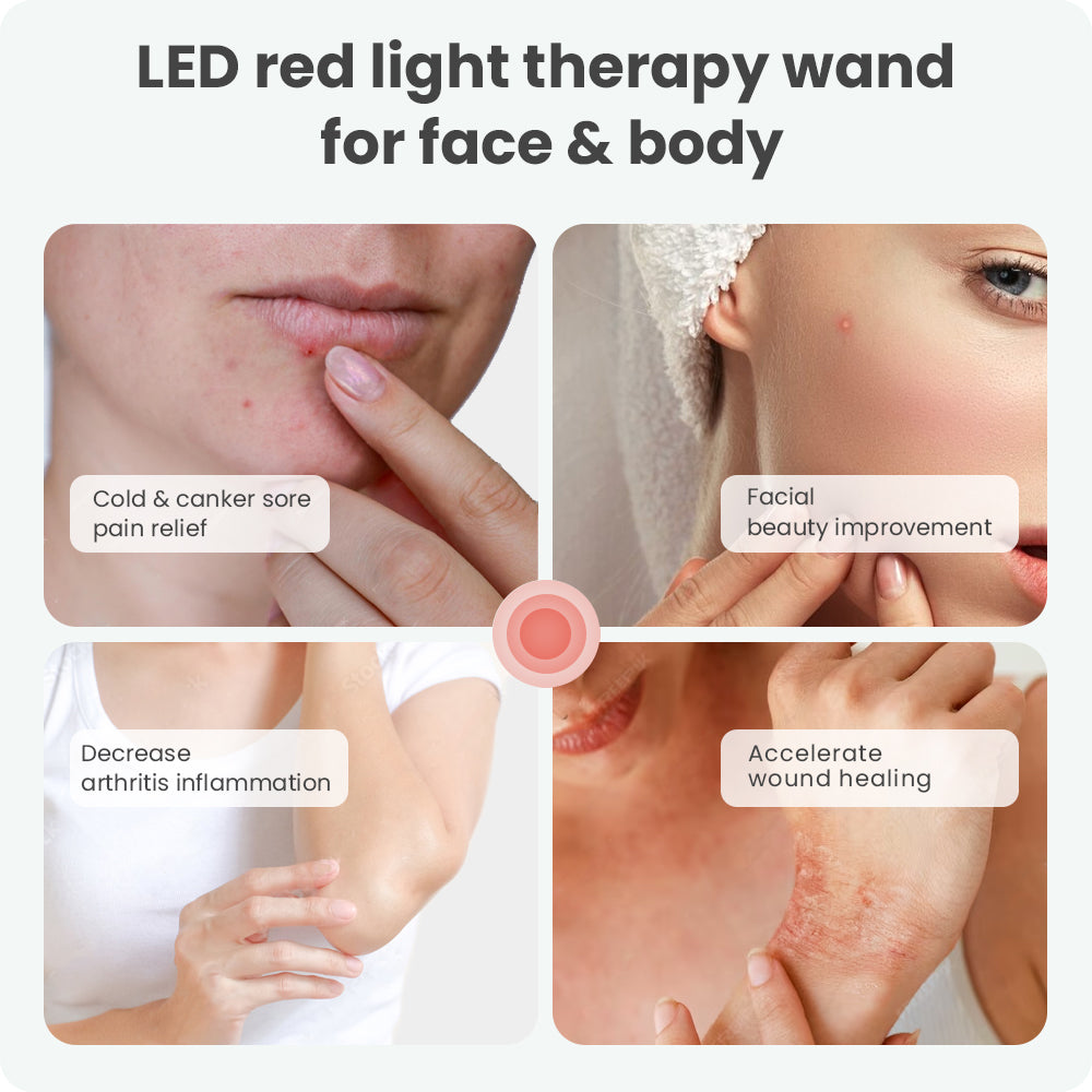 LED red light therapy wand for canker sore pain relief, facial beauty improvement, decreasing arthritis inflammation, and accelerating wound healing.